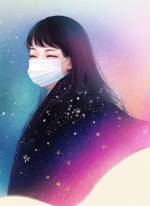 a woman wearing a face mask with stars in the background, an anime drawing, space art, anime aesthetic, detailed painting