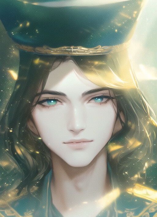 a digital painting of a handsome man with a hat on hшы head, a character portrait, in style of pre-raphaelitism, shiny eyes