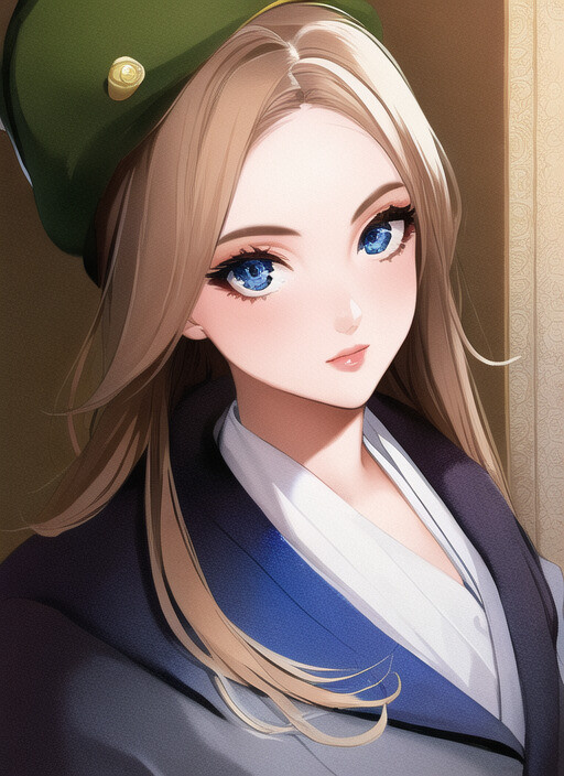 a woman with a green hat and blue eyes, a character portrait art, detailed painting, anime aesthetic