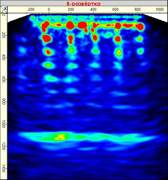 В-томограмма участка сканирования монолитной железобетонной стены из высокопрочного бетона класса В60