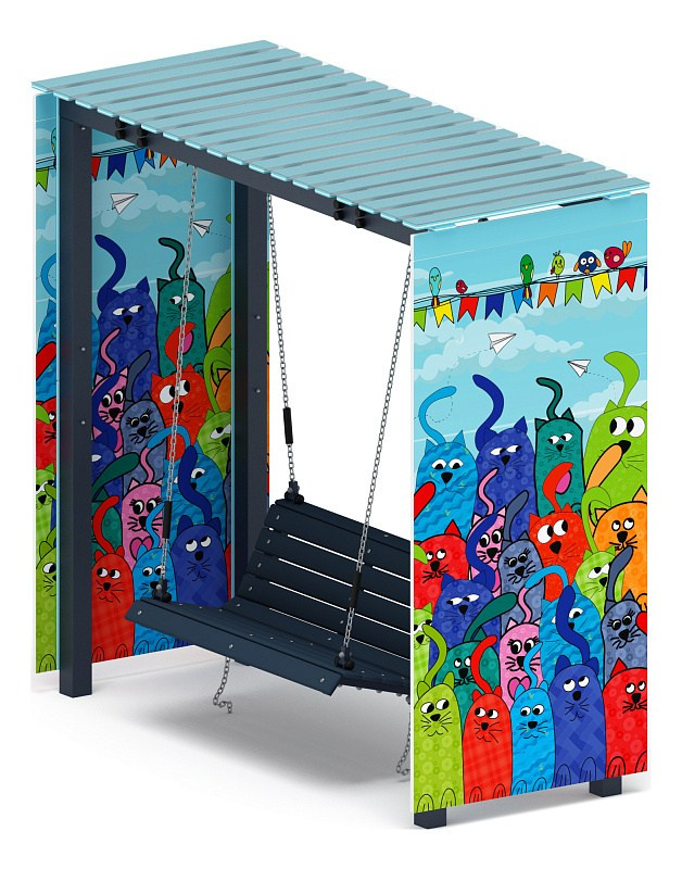 Пергола с качелями (Коты) - МФ 78.06.01-06.И1 /с поликарбонатом/ Габариты (ШхДхВ): 1200x2840x2635 мм Зона безопасности, мм: 8200х3830