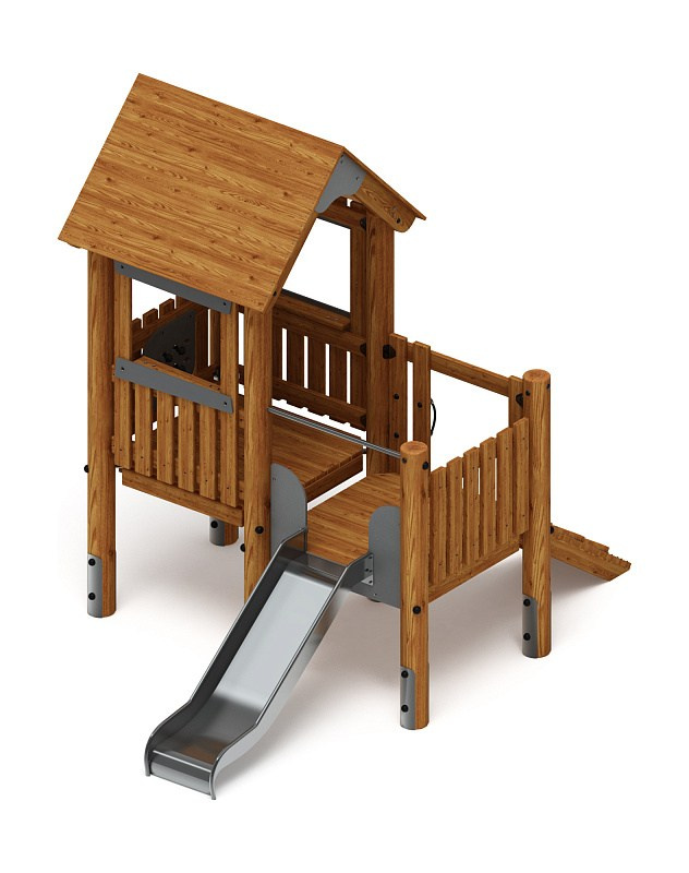 Игровой комплекс (лиственница темный) ДИК 1.24.01-Л.И1.01 Габариты (ШхДхВ): 2550х3790х3200 Зона безопасности, мм: 5550х7290 Высота падения 900 мм. Возрастные ограничения от 3 до 7 лет