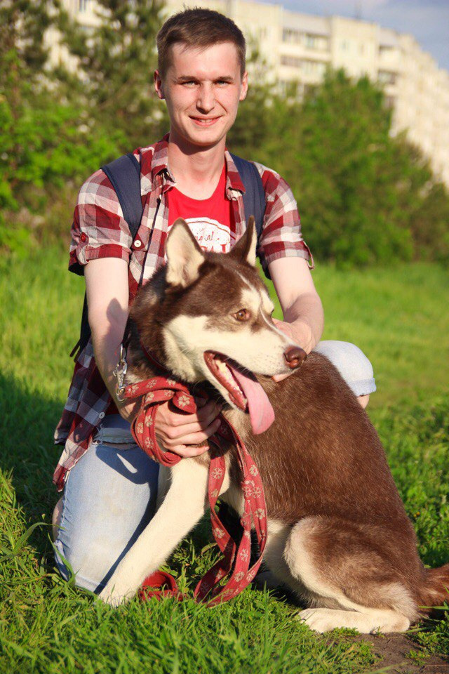 парень хаски на природе зеленая трава 