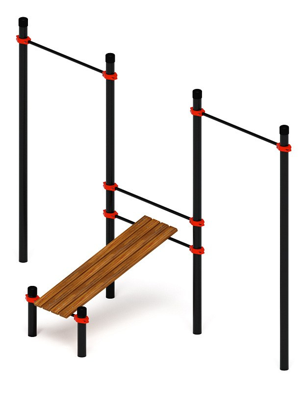 Воркаут 108 красный ВТ 12.14-01 Габариты (ШхДхВ):4240х1500х2600 Зона безопасности, мм:7240х4500 Возрастные ограничения от 14 лет, весом не более 100 кг