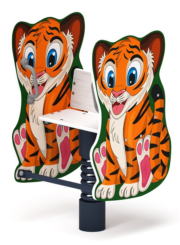 Тигренок - Качалка на пружине - ИО 22.01.10-01.И1 Габариты (ШхДхВ): 590х560х1050 Зона безопасности, мм: 2590х2560 Возрастные ограничения весом не более 70 кг