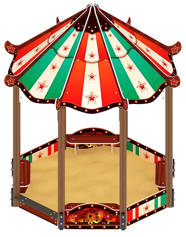 Песочный дворик Пагода Карнавал (Шапито) - ИО 6.01.02-20 Габариты (ШхДхВ): 2780x2780x3100 Зона безопасности, мм: 3780х3780