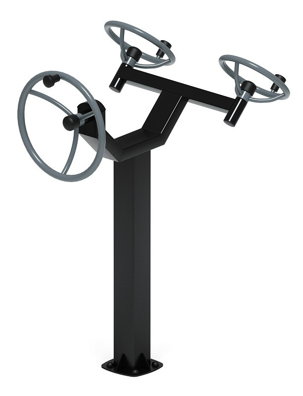 Рули (положение стоя) серый - Уличный тренажер - СТ 103-13 Габариты (ШхДхВ): 1040х1015х1500 Зона безопасности, мм: 4040х2665 Оборудование предназначено для подростков в возрасте от 14 лет и взрослых, весом не более 100 кг.