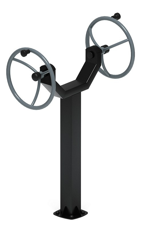 Рули (положение стоя) серый - Уличный тренажер - СТ 105-13 Габариты (ШхДхВ): 980х500х1500 Зона безопасности, мм: 3980х2000 Оборудование предназначено для подростков в возрасте от 14 лет и взрослых, весом не более 100 кг.