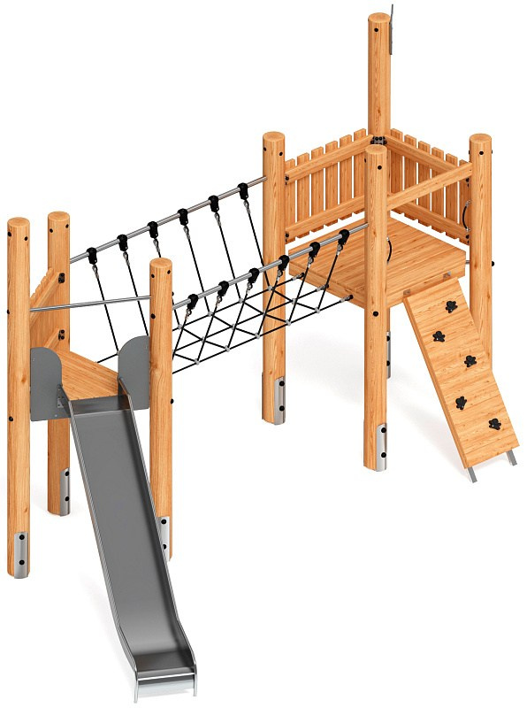 Игровой комплекс (лиственница) ДИК 2.24.05-Л.02.И1 Габариты (ШхДхВ): 5940х3500х3200 Зона безопасности, мм: 9440х7000 Высота падения 1500 мм. Возрастные ограничения от 5 до 12 лет.