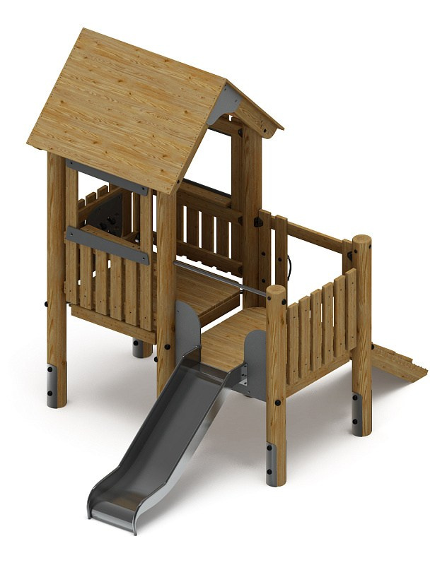 Игровой комплекс (лиственница орех) ДИК 1.24.01-Л.И1.02 Габариты (ШхДхВ): 2550х3790х3200 Зона безопасности, мм: 5550х7290 Высота падения 900 мм. Возрастные ограничения от 3 до 7 лет