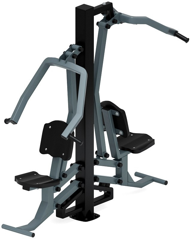 Тяга верхняя + жим от груди (серый) - Уличный тренажер двойной - СТ 027-13.И1 Габариты (ШхДхВ): 1860х910х1960 Зона безопасности, мм: 3330х2000 Оборудование предназначено для подростков в возрасте от 14 лет и взрослых, весом не более 100 кг.