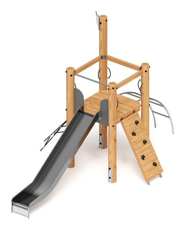 Игровой комплекс (лиственница) ДИК 2.24.01-Л.И1 Габариты (ШхДхВ): 3240х5100х3200 Зона безопасности, мм: 8100х6240 Высота падения 1400 мм. Возрастные ограничения от 5 до 12 лет.