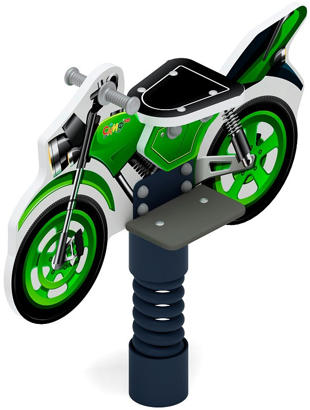 Мотоцикл (зеленый) - Качалка на пружине - ИО 22.03.01-01.И1 Габариты (ШхДхВ): 950x330x950 Зона безопасности, мм: 2950х2330 Возрастные ограничения весом не более 70 кг