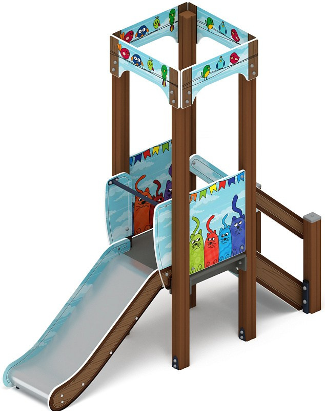 Горка - ИО 41.15.01-11 - Королевство (Коты) H=750 Габариты (ШхДхВ): 2670х820х2650 Зона безопасности, мм: 6170х3820 Скат горки: H=750 (металлический скат) Возрастные ограничения от 3 до 10 лет