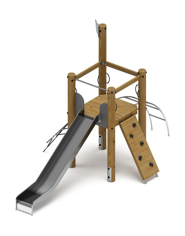 Игровой комплекс (лиственница орех) ДИК 2.24.01-Л.И1.02 Габариты (ШхДхВ): 3240х5100х3200 Зона безопасности, мм: 8100х6240 Высота падения 1400 мм. Возрастные ограничения от 5 до 12 лет.