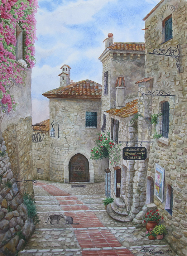 Уютные улочки Эза 41,5 х 60,5 бумага, акварель