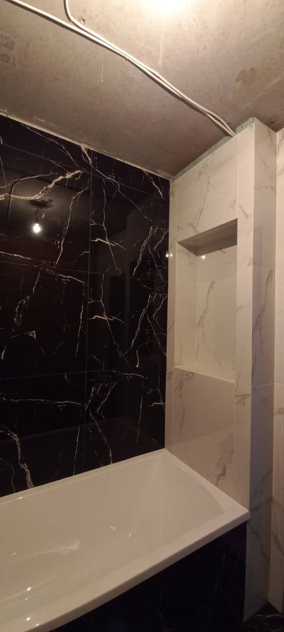 Ванная комната (с. Усады ул. Счастливая д. 13). Ремонт санузла, туалета, ванной под ключ в Казани. Укладка плитки