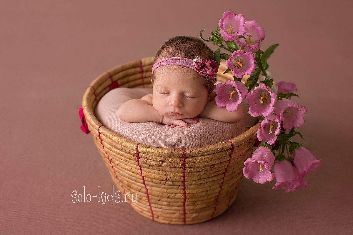 Новорожденная девочка к корзинке с цветами