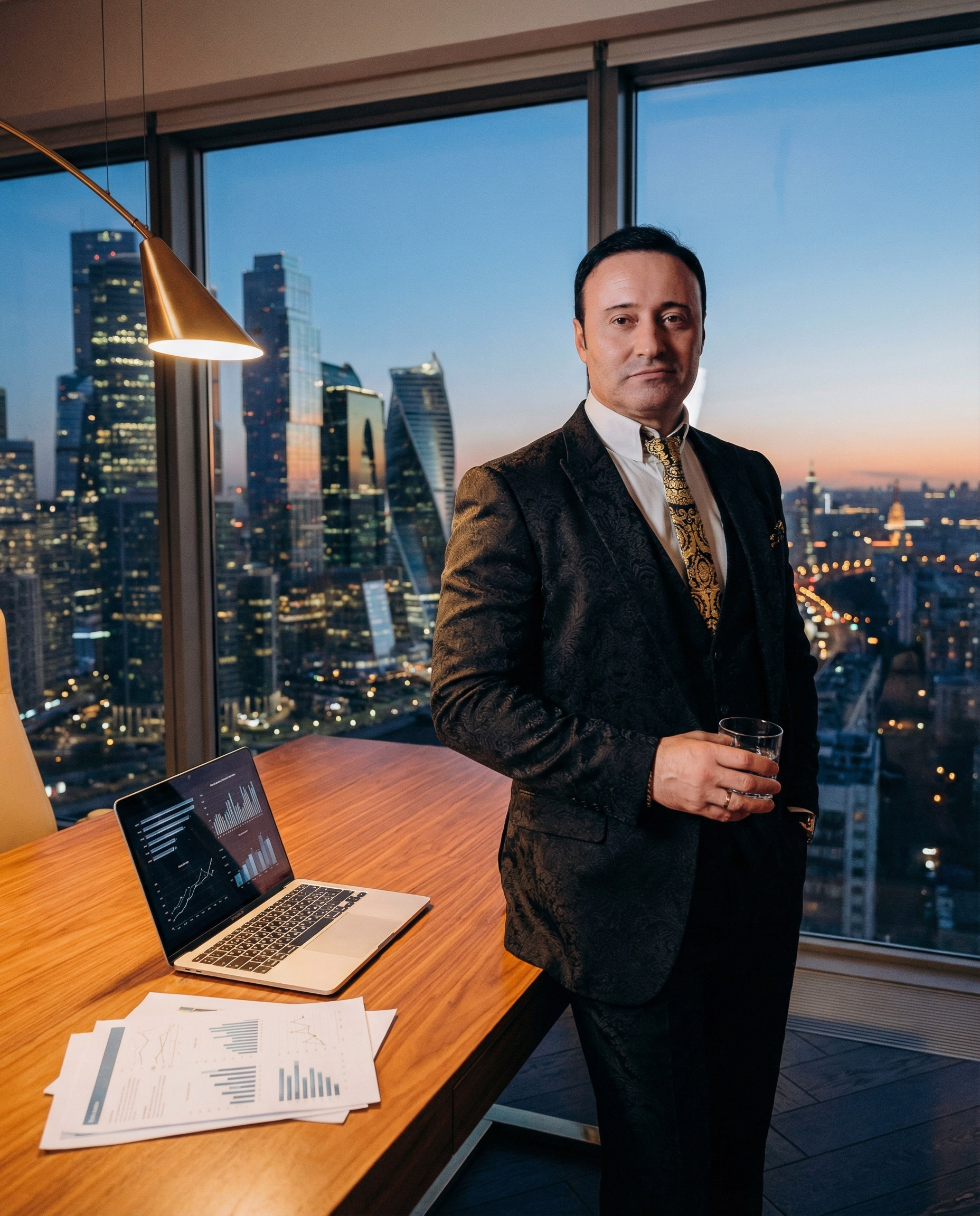 ИИ портрет бизнес-эксперта в офисе с панорамным видом на город — визуал для сайта, прессы и деловых публикаций