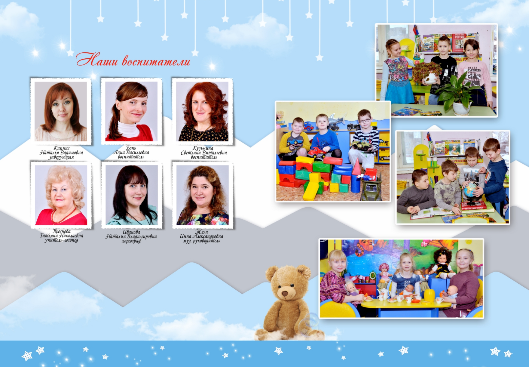 Макет коллажа с описанием из фото воспитателей и детей в игровых зонах для выпускного альбома.