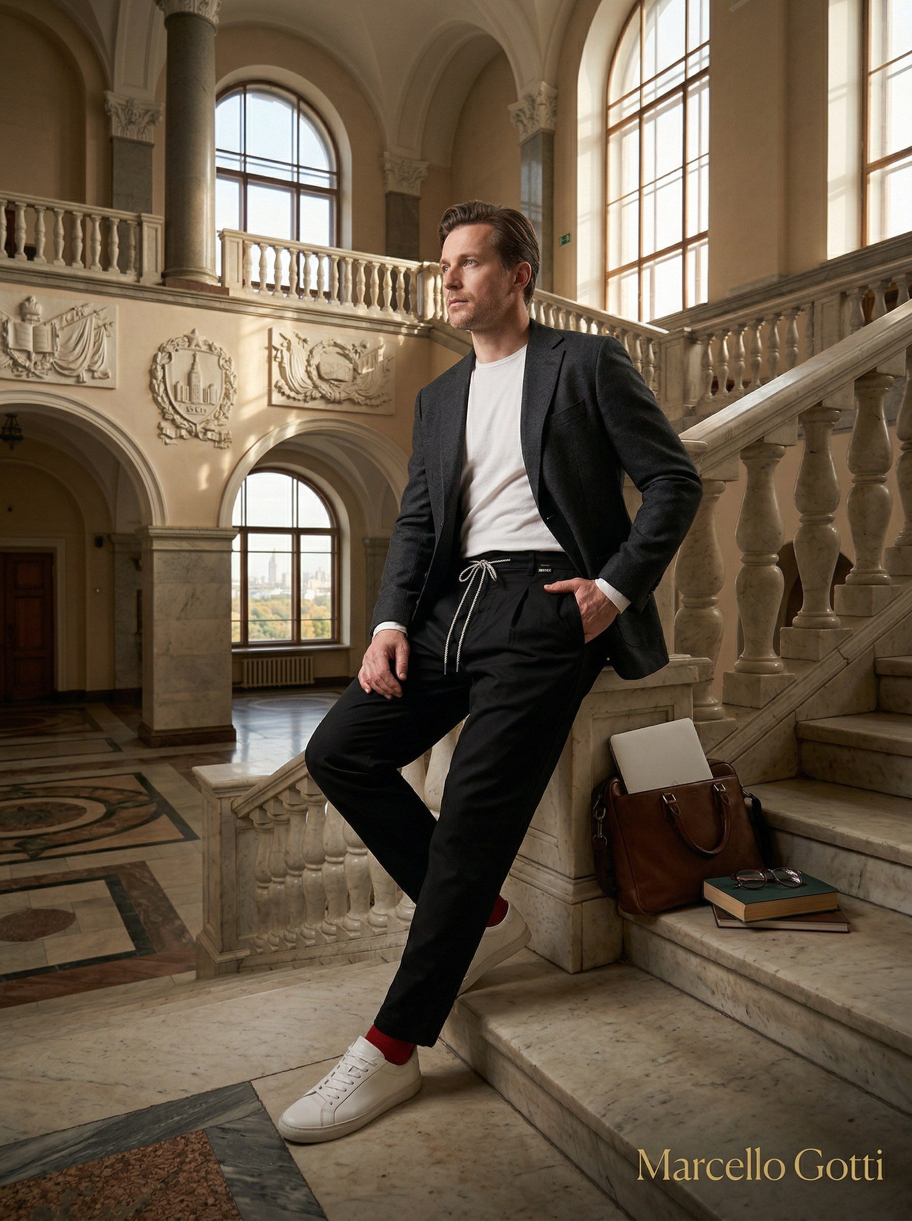 Генерация карточки товара для черных брюк на интерьерной локации