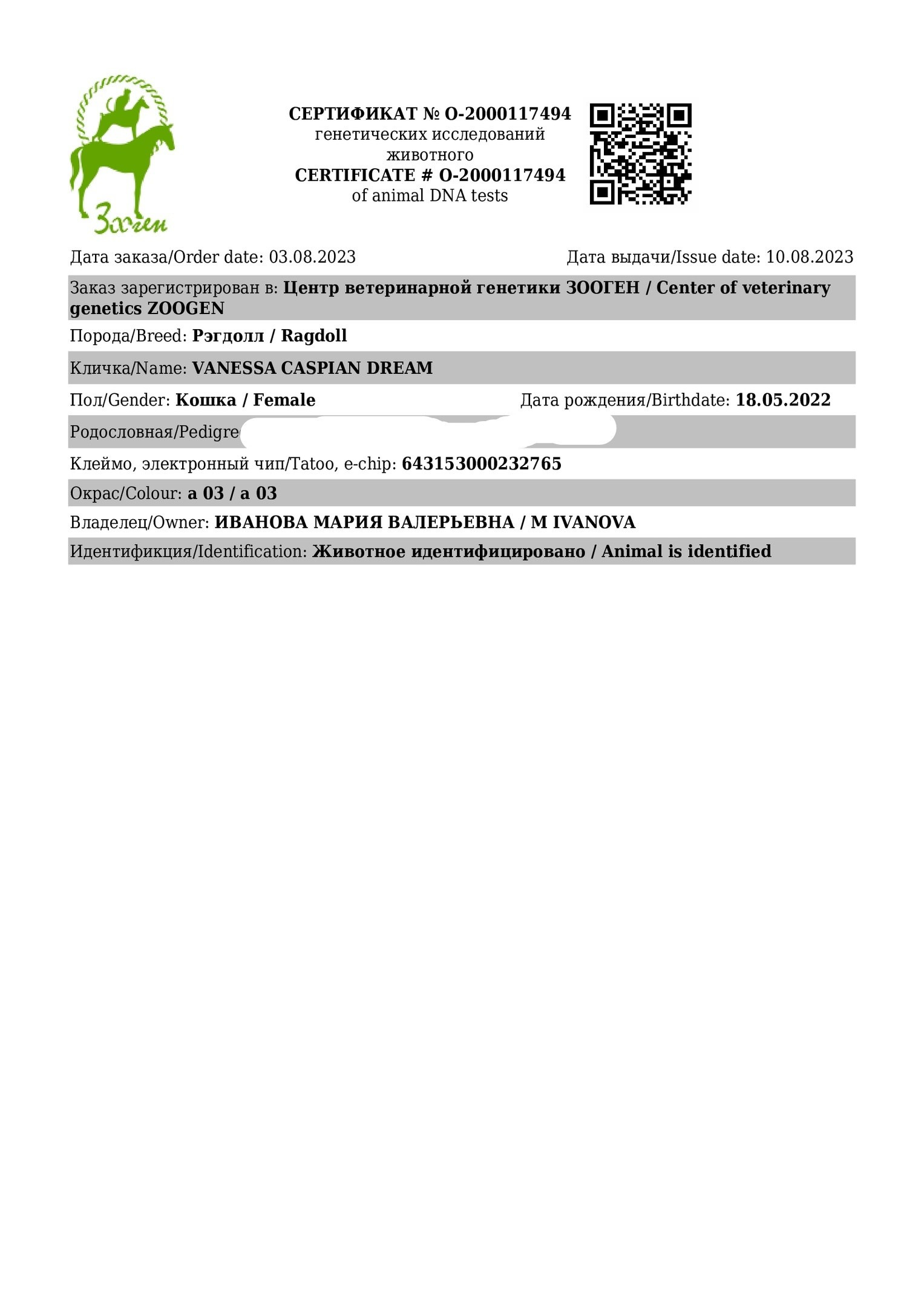 Документы производителей Loyal Adore. Питомник рэгдолл Loyal Adore