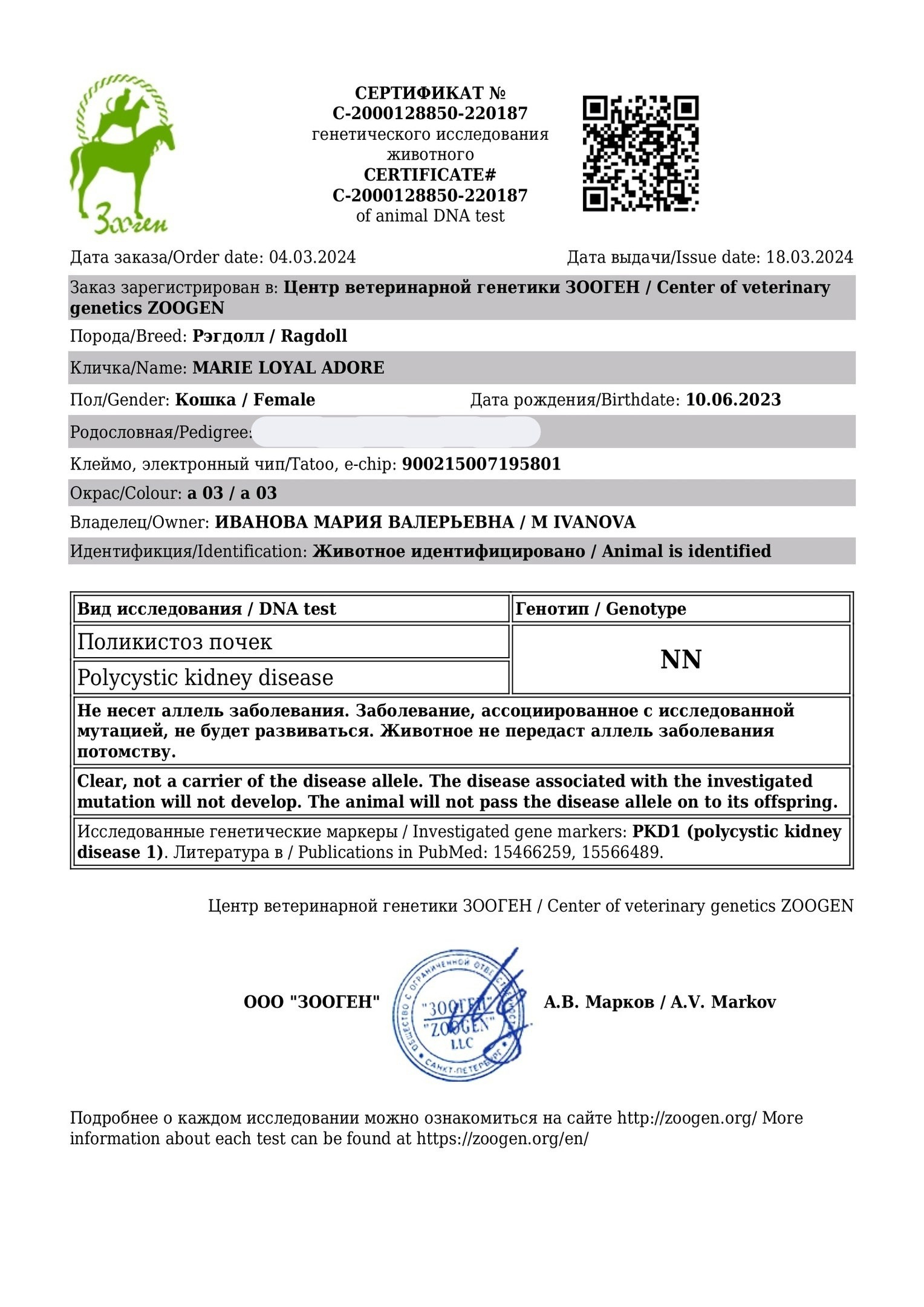 Документы производителей Loyal Adore. Питомник рэгдолл Loyal Adore