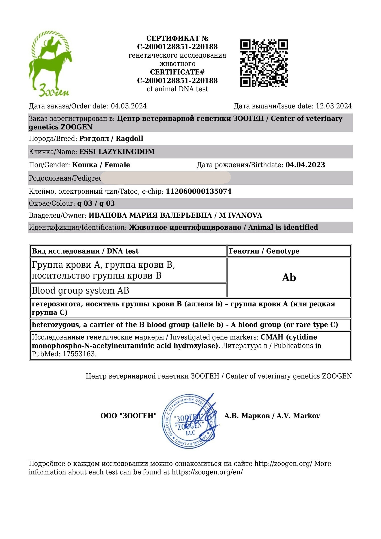 Документы производителей Loyal Adore. Питомник рэгдолл Loyal Adore