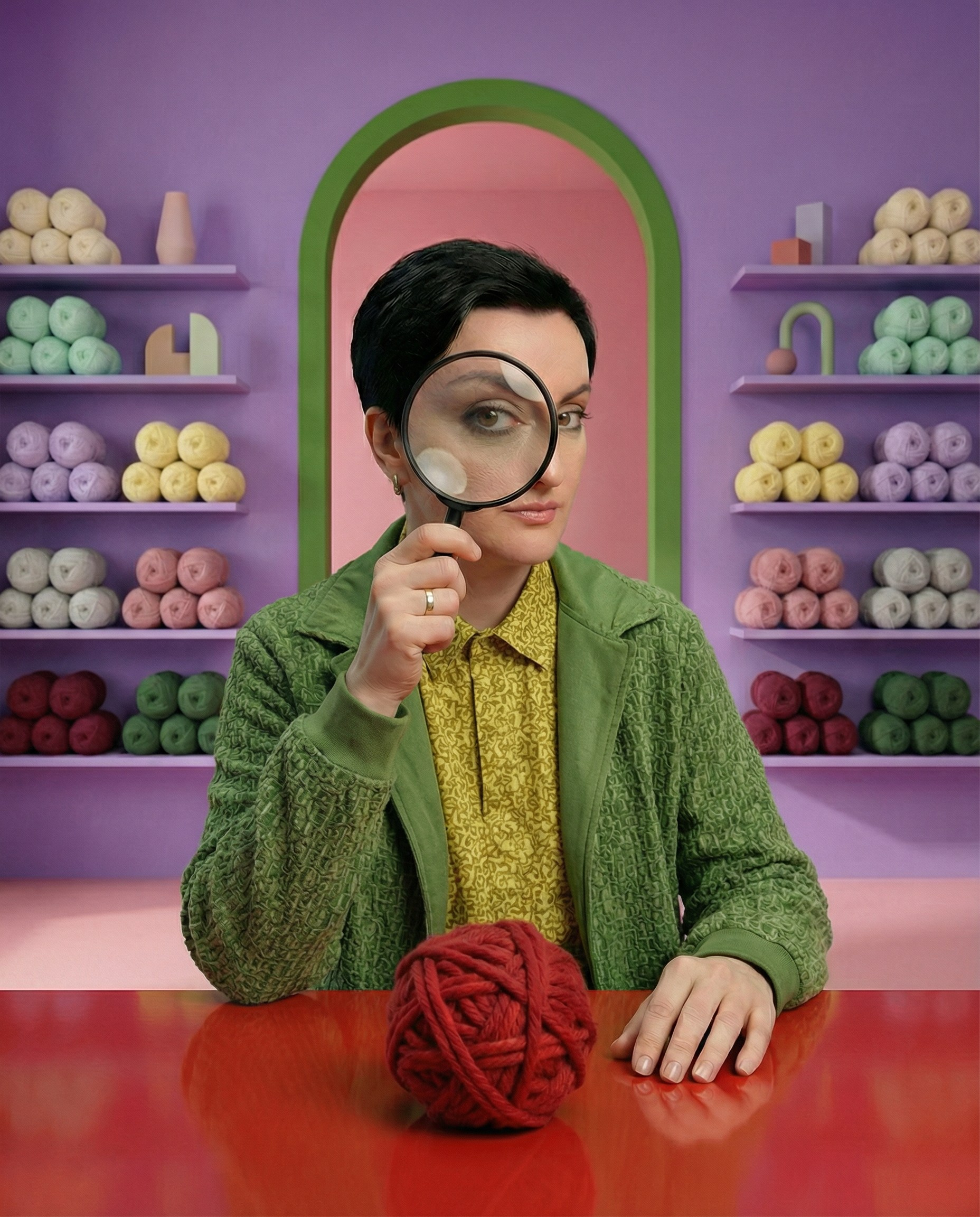 ИИ генерация врача-эксперта с лупой в ярком стилизованном интерьере — креативный визуал для блога, соцсетей и авторской рубрики