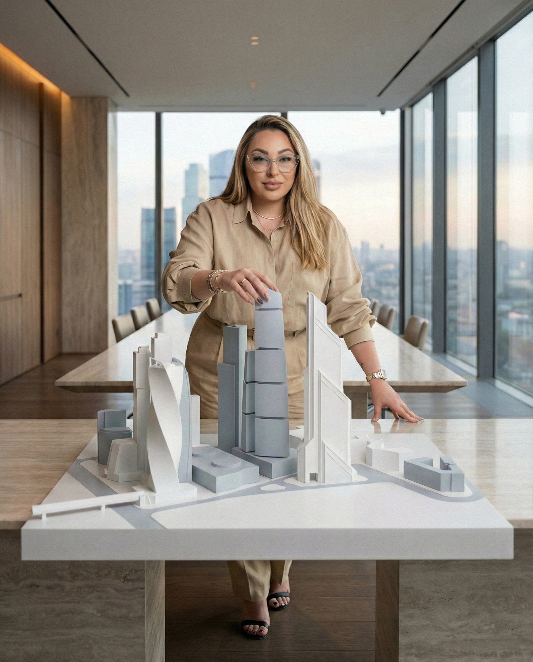ИИ фотосессия эксперта по недвижимости с архитектурным макетом в современном интерьере — визуал для сайта и публикаций