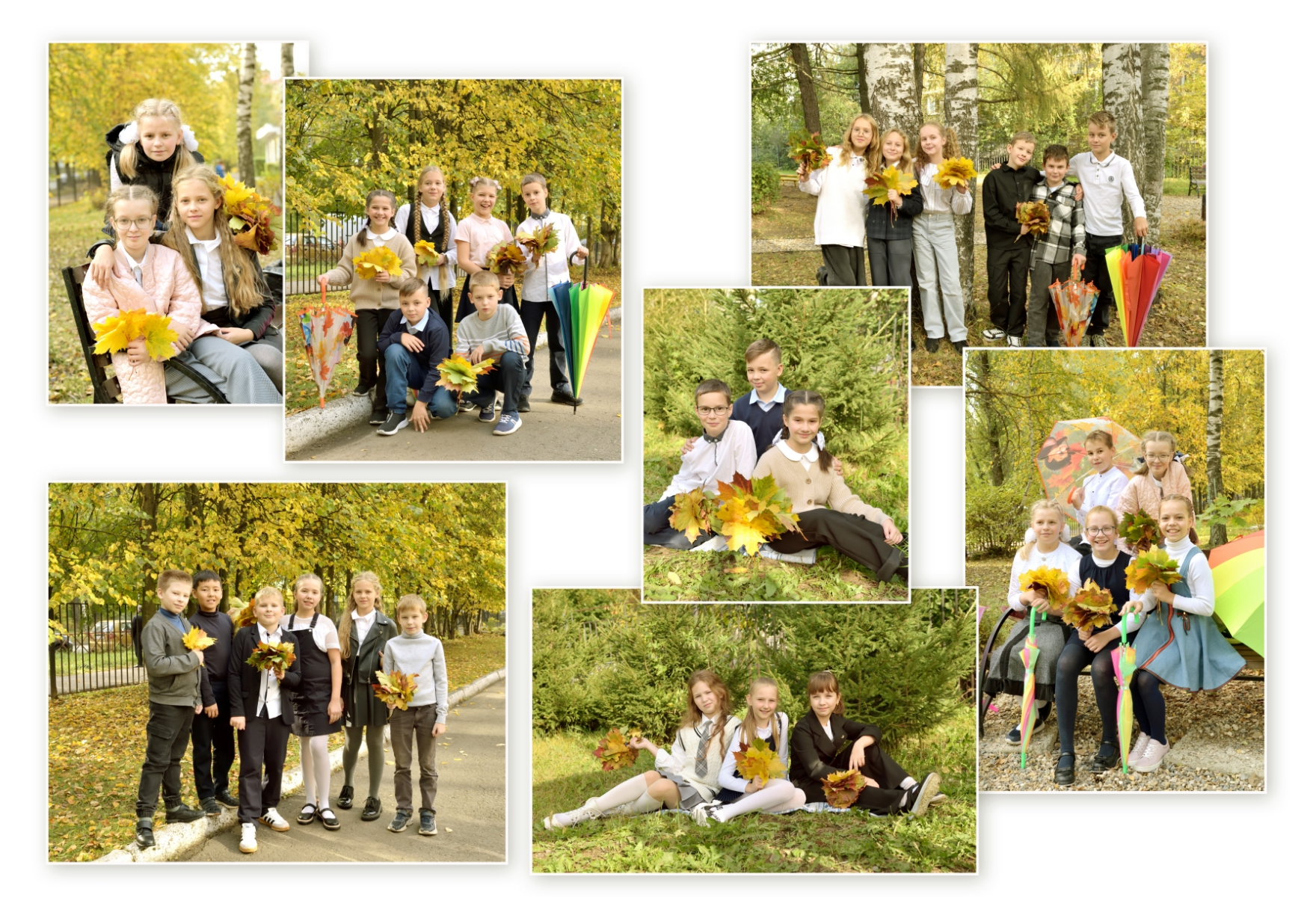 Макет коллажа из семи фото выпускников для школьного альбома, разворот с хроникой.