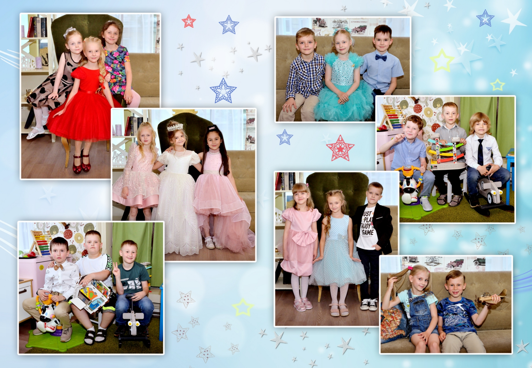 Макет коллажа из семи фото с детьми на празднике для выпускного альбома, разворот с хроникой.