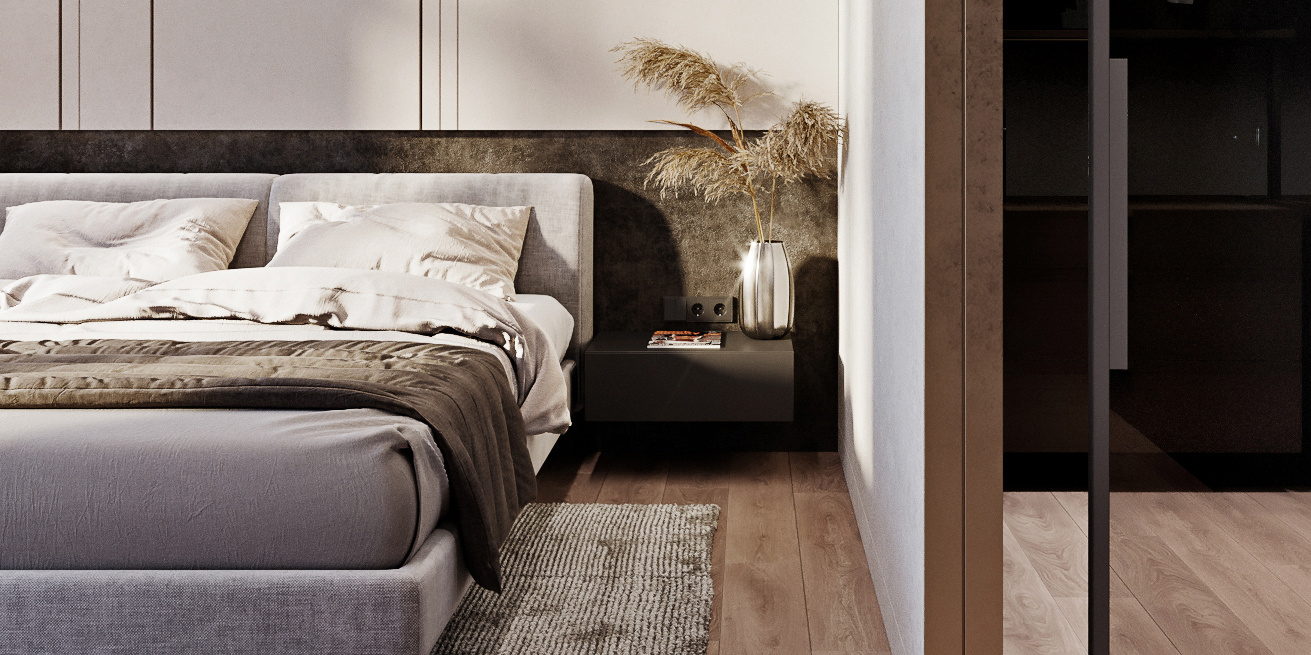 дизайн интерьера спальни, спальня с гардеробной, спальня в стиле минимализм, интерьер таунхауса, заказать проект таунхауса