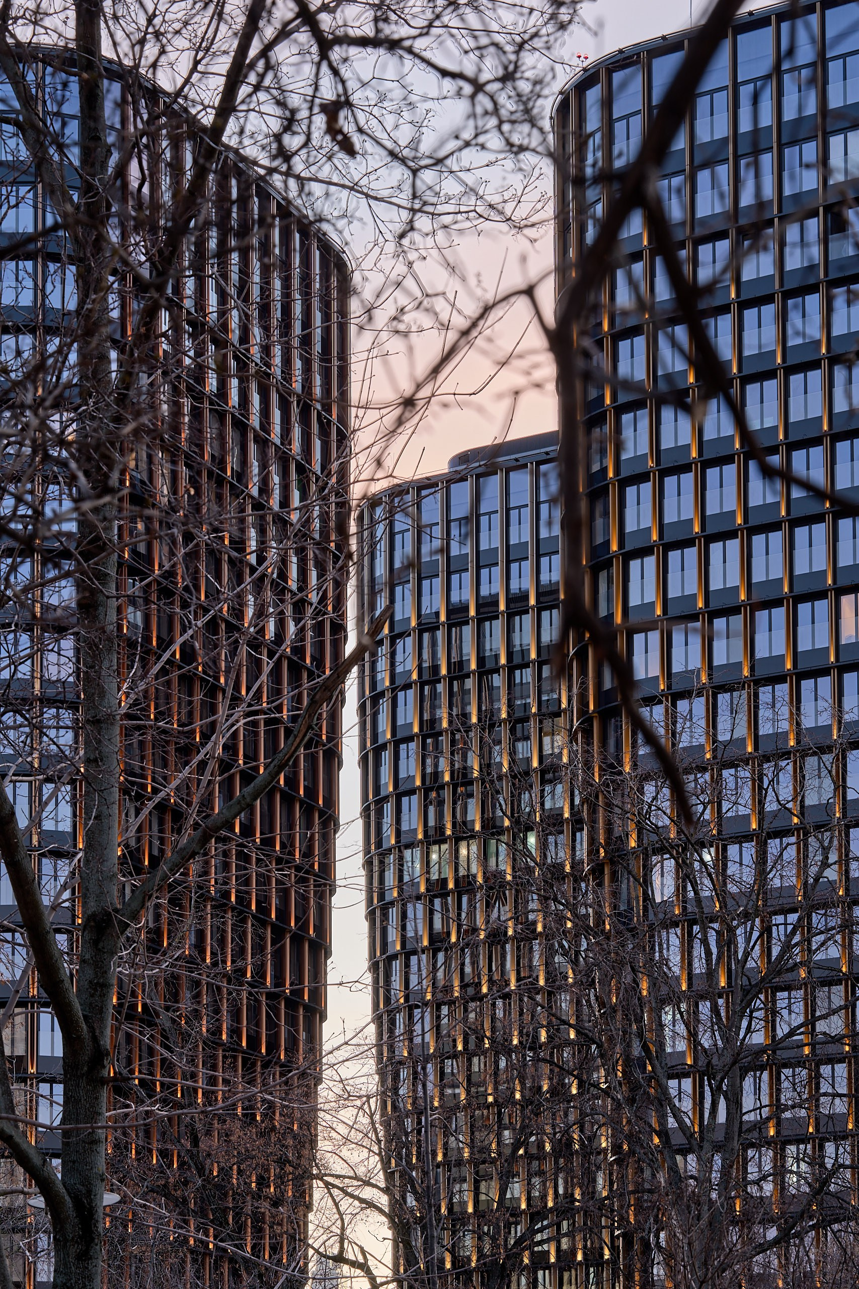 Архитектурное фото с башнями ЖК Sky View в синий час