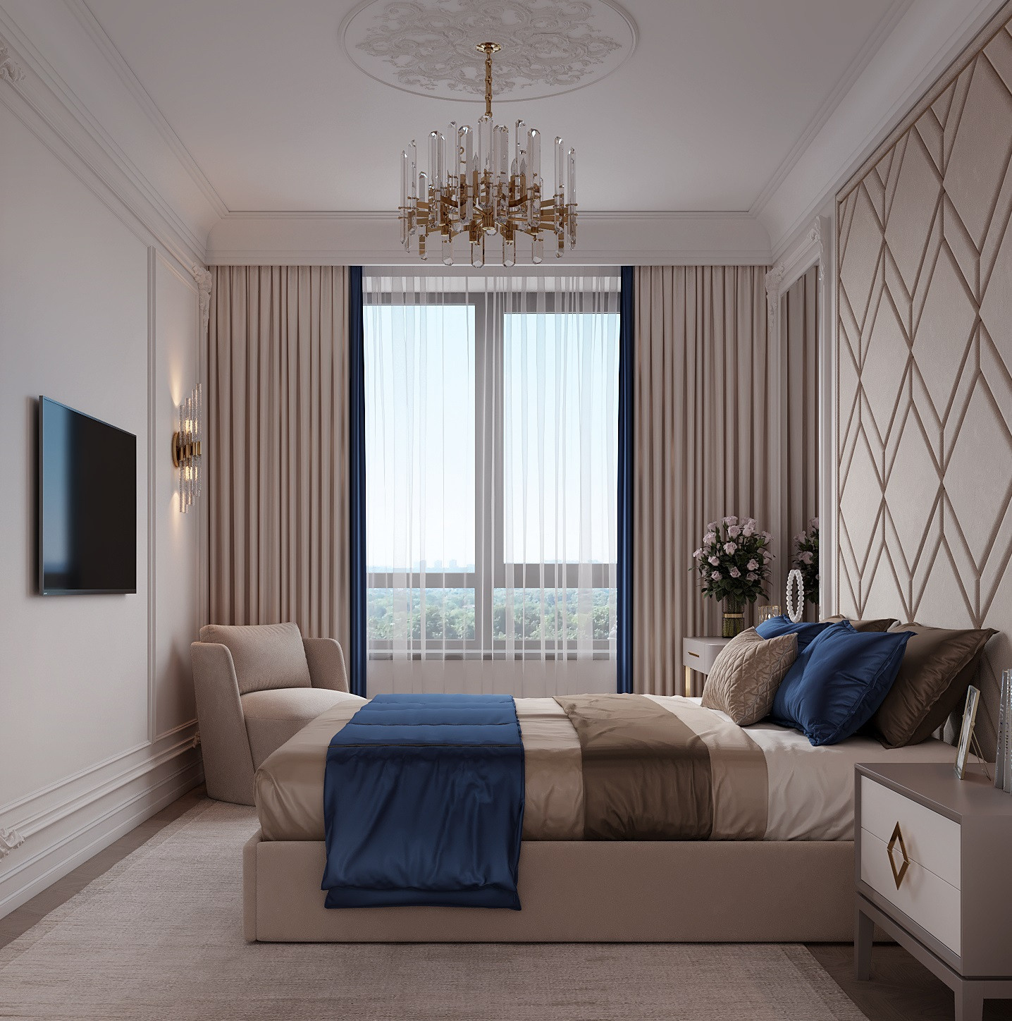 Красивая спальня в бежевой гамме