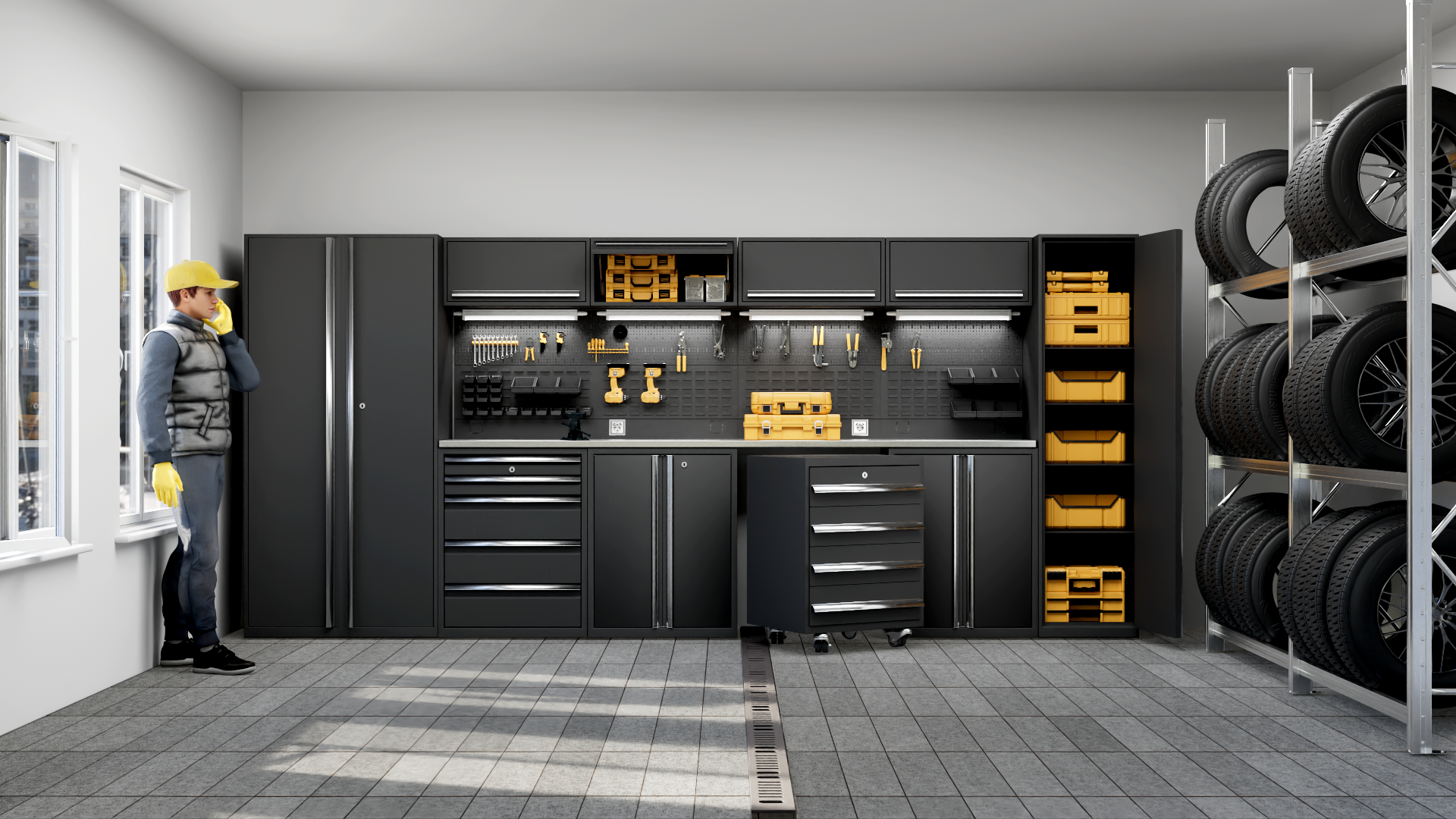 3д рендер мебели для гоража или автосервиса