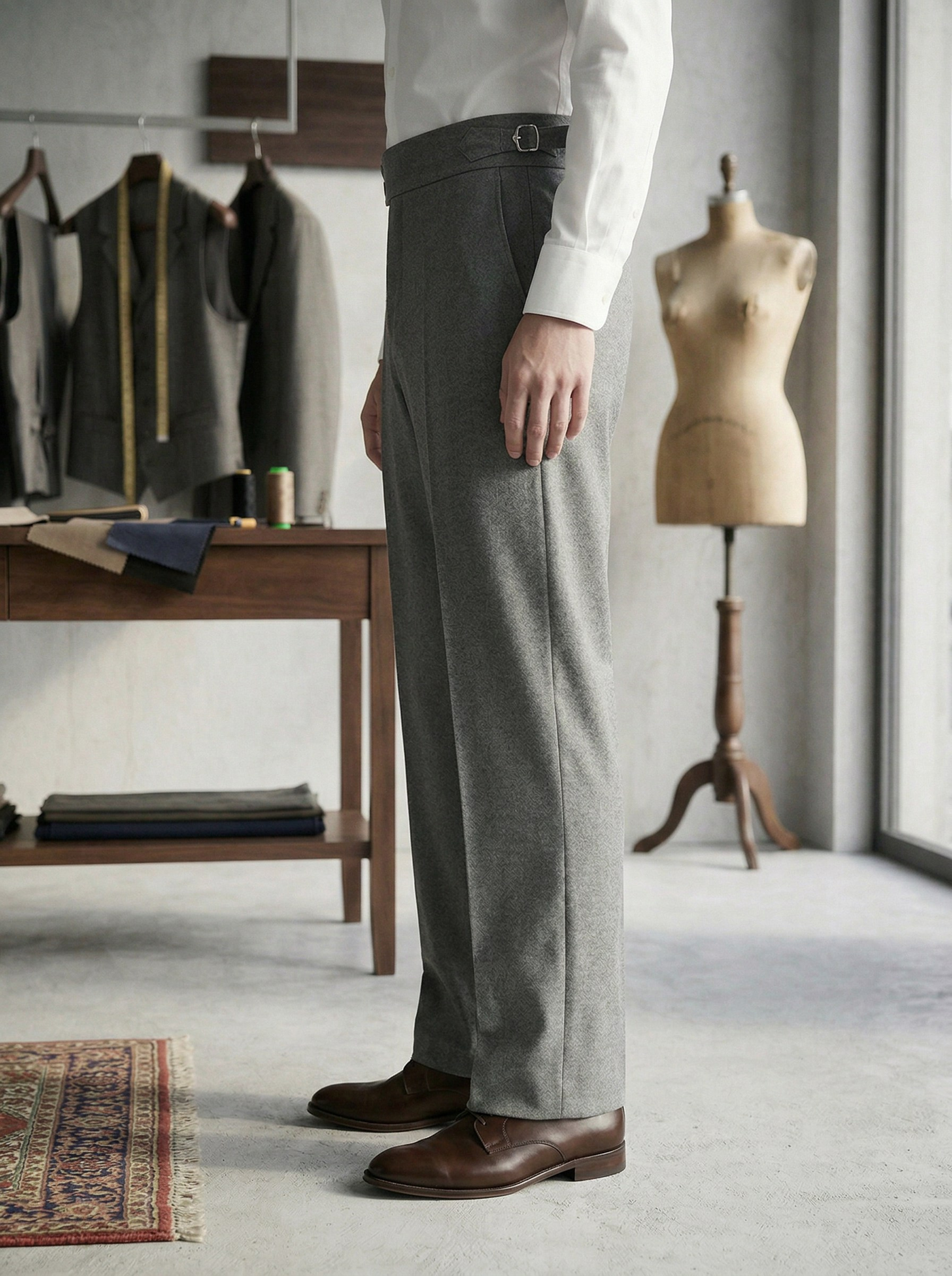 Генерация фото в интерьере для серых шерстяных брюк