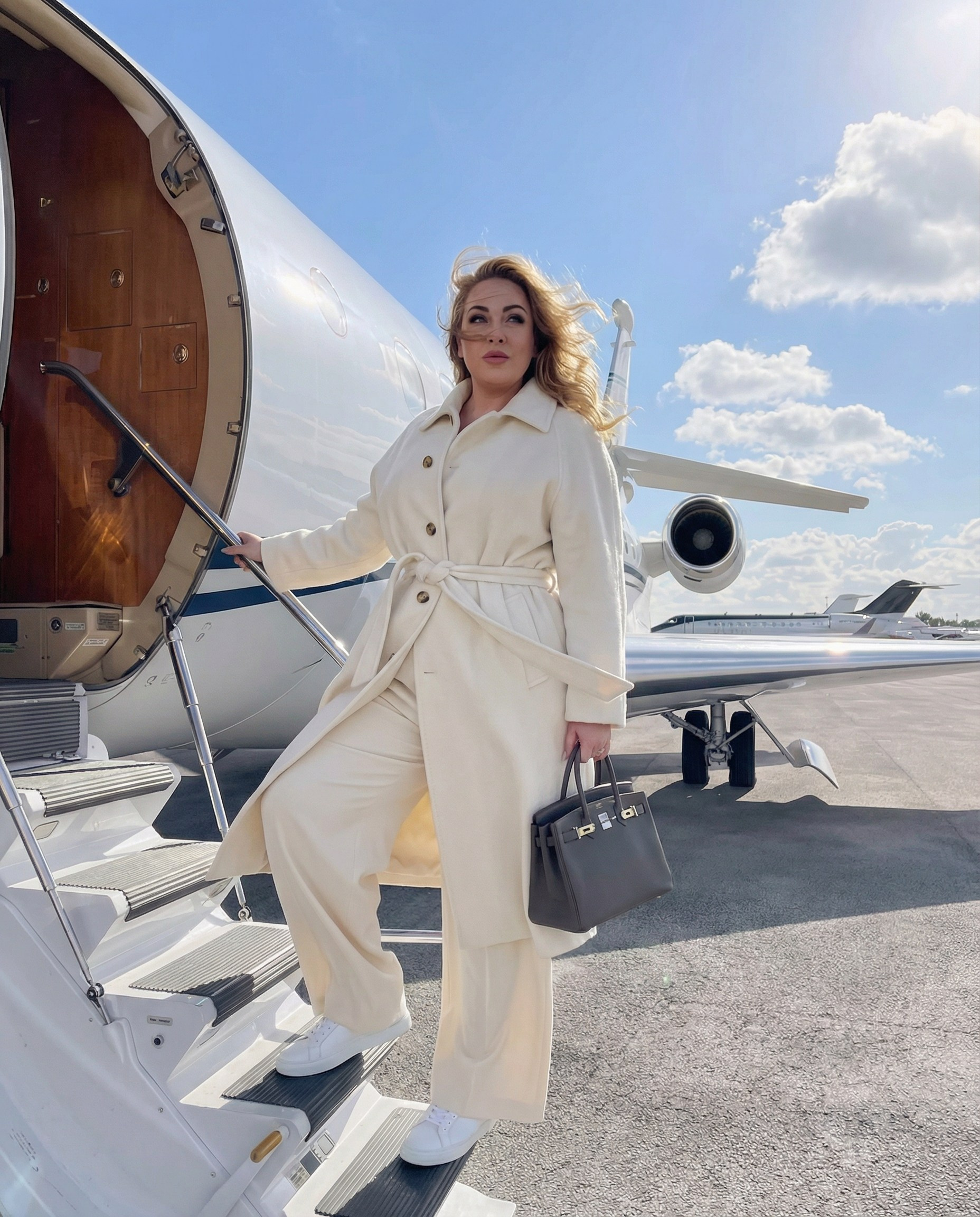 ИИ портрет женщины-эксперта у частного самолета — премиальный визуал для сайта, блога и личного бренда