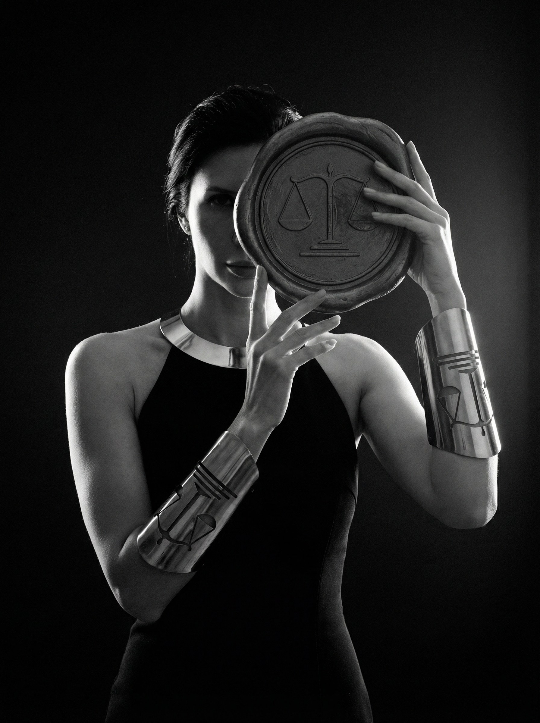 Художественный ИИ портрет юриста с весами правосудия — имиджевый кадр для личного бренда и профессионального контента