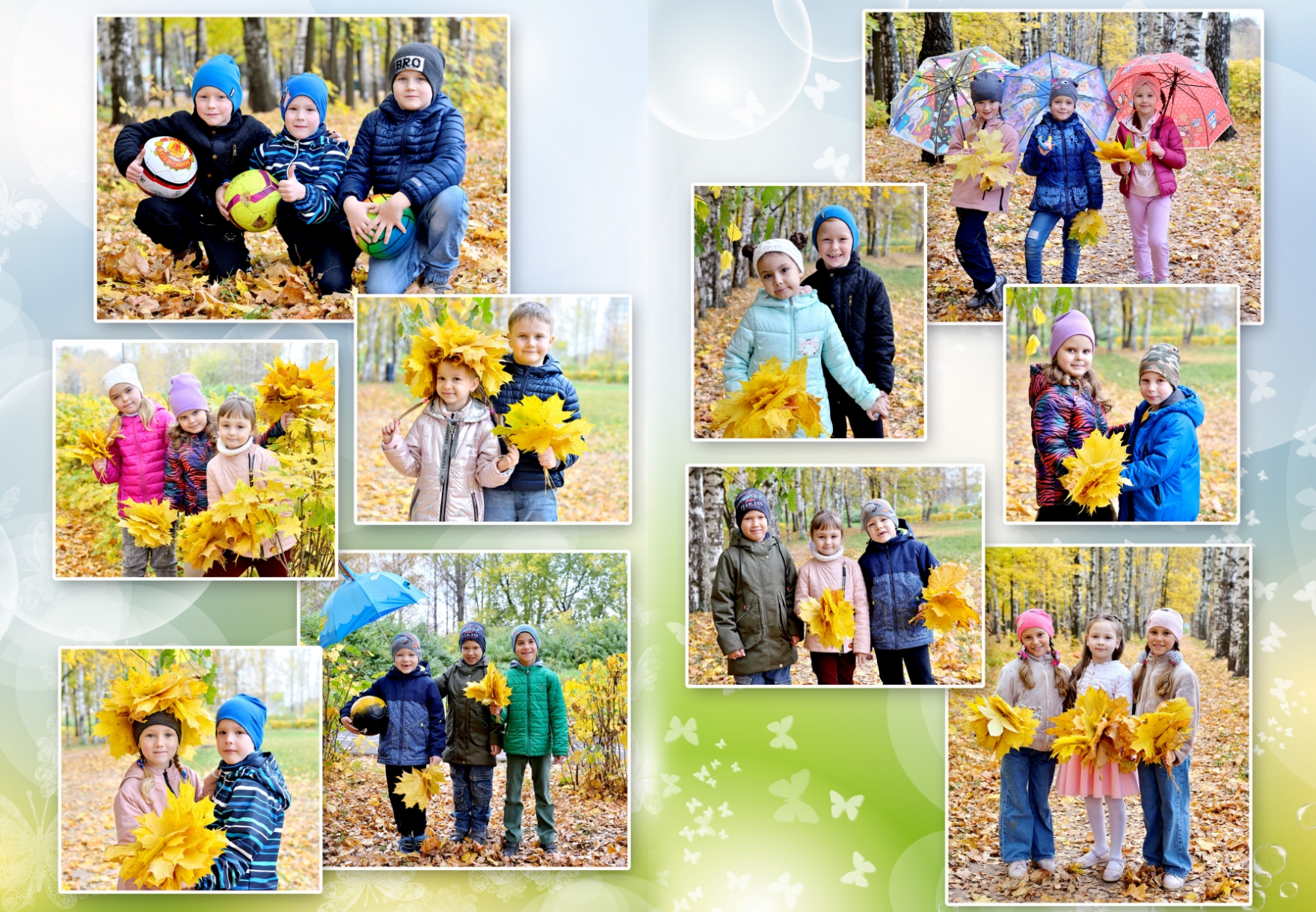 Макет коллажа из фото детей на прогулке в детском саду для выпускного альбома.