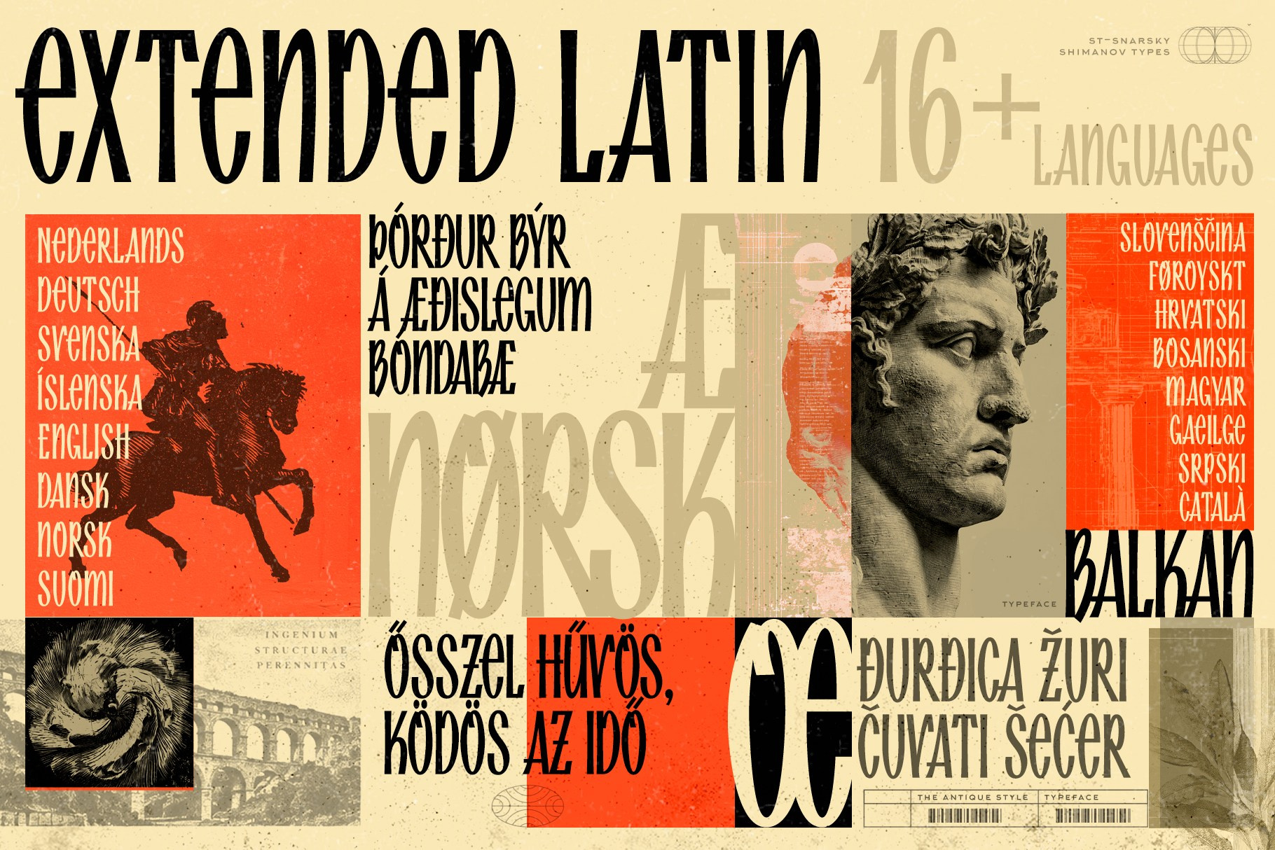 ST-Snarsky display serif based on Oleg Snarsky’s 1970s sketch, capitals only, extended Cyrillic and Latin