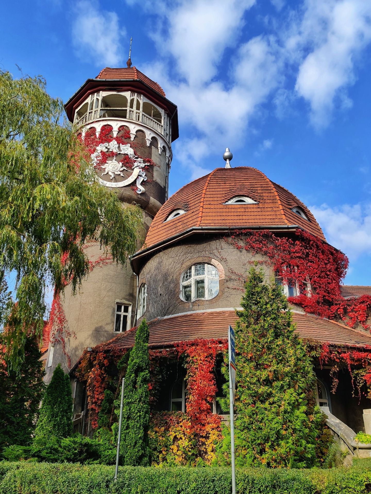 Башня водонапорной станции в Светлогорске, увитая красным плющом, на фоне голубого неба