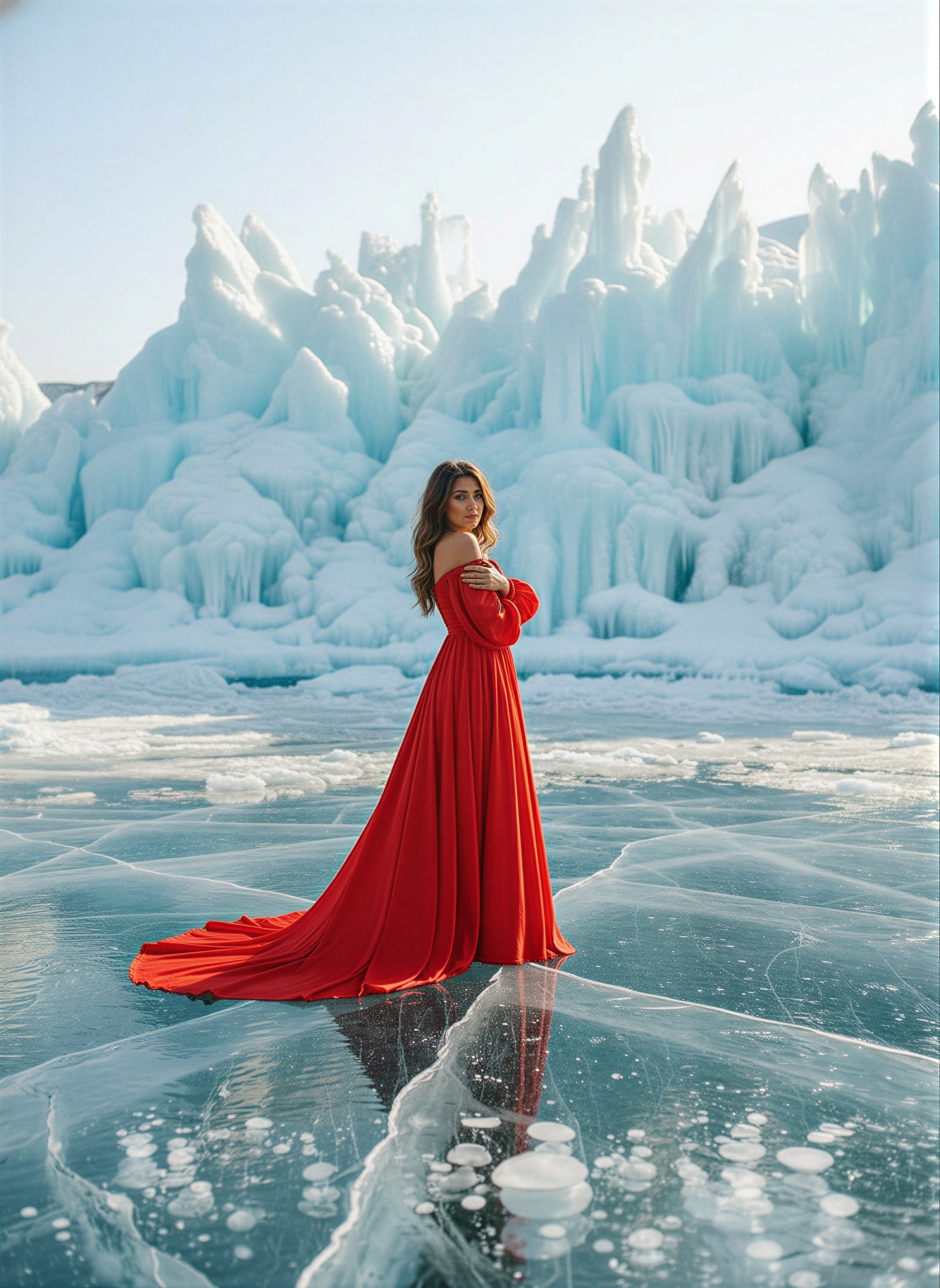 (Арт. 008-К) Красное летящее на резинке с рукавом и укороченным шлейфом. Туры на Байкал с фотографом под ключ. Фотосессии на Ольхоне