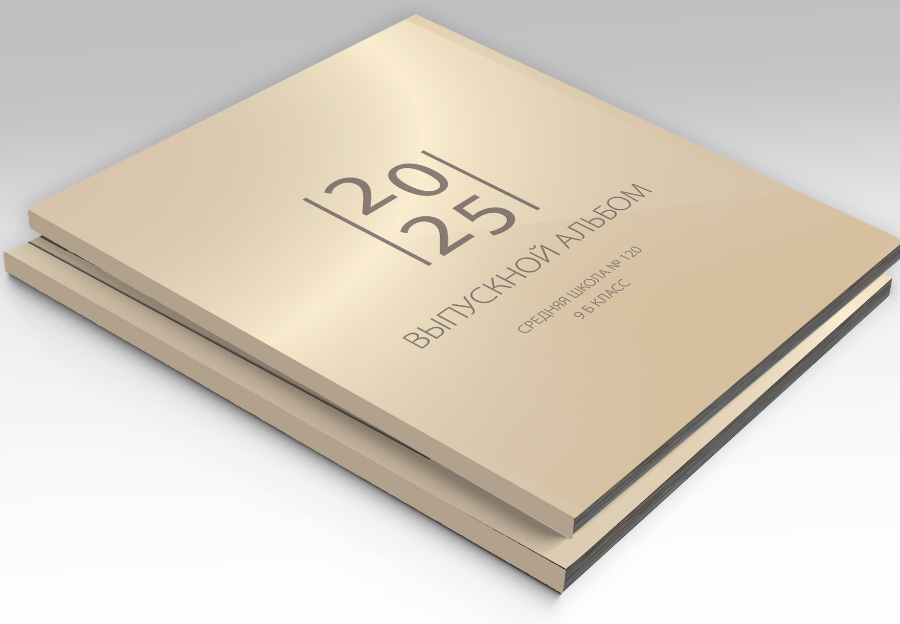 Стопка из двух альбомов выпускника средней школы, на титульной стороне обложки строгий минималистичный дизайн в пастельных тонах.