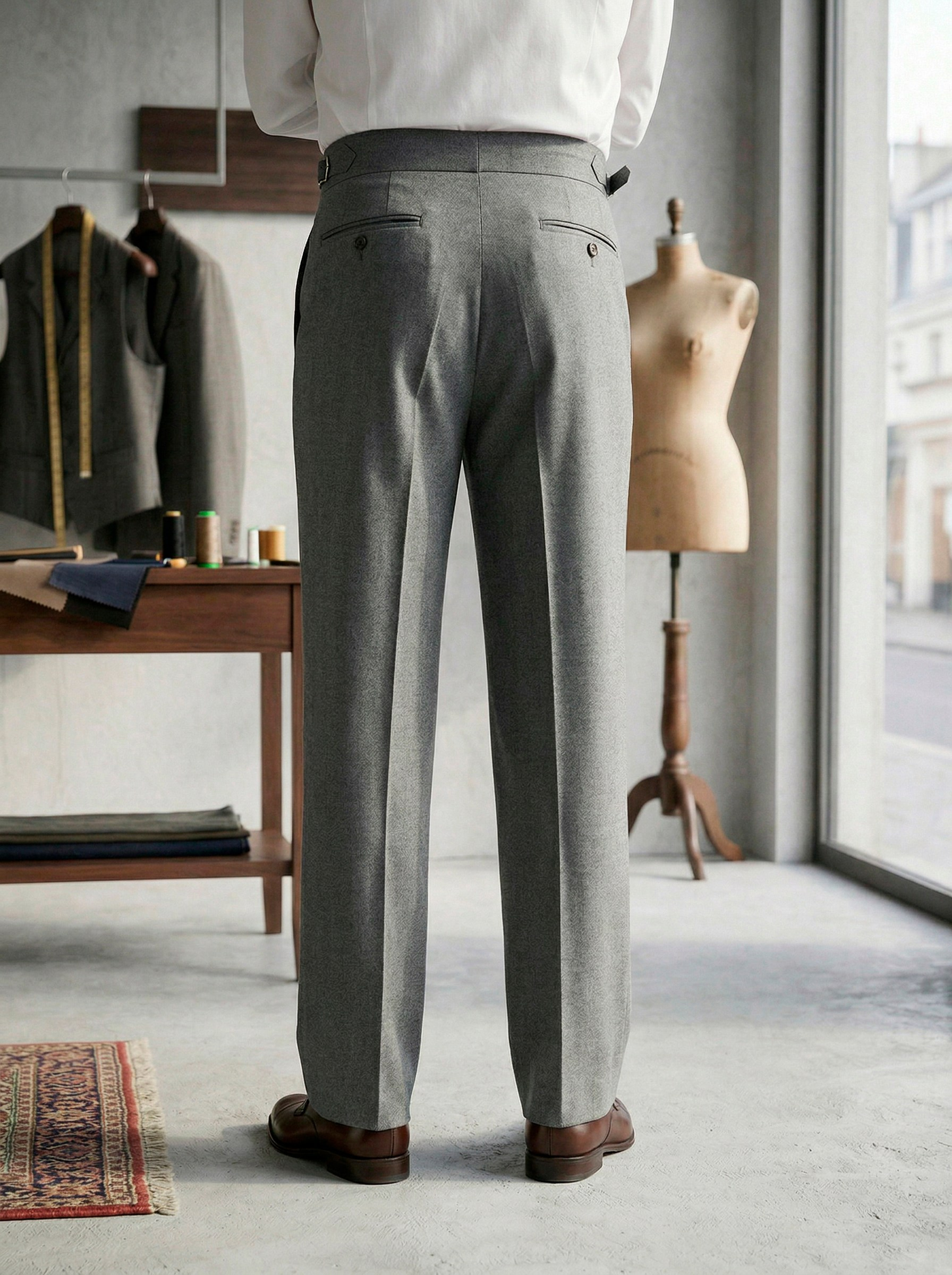 Генерация фото в интерьере для серых шерстяных брюк