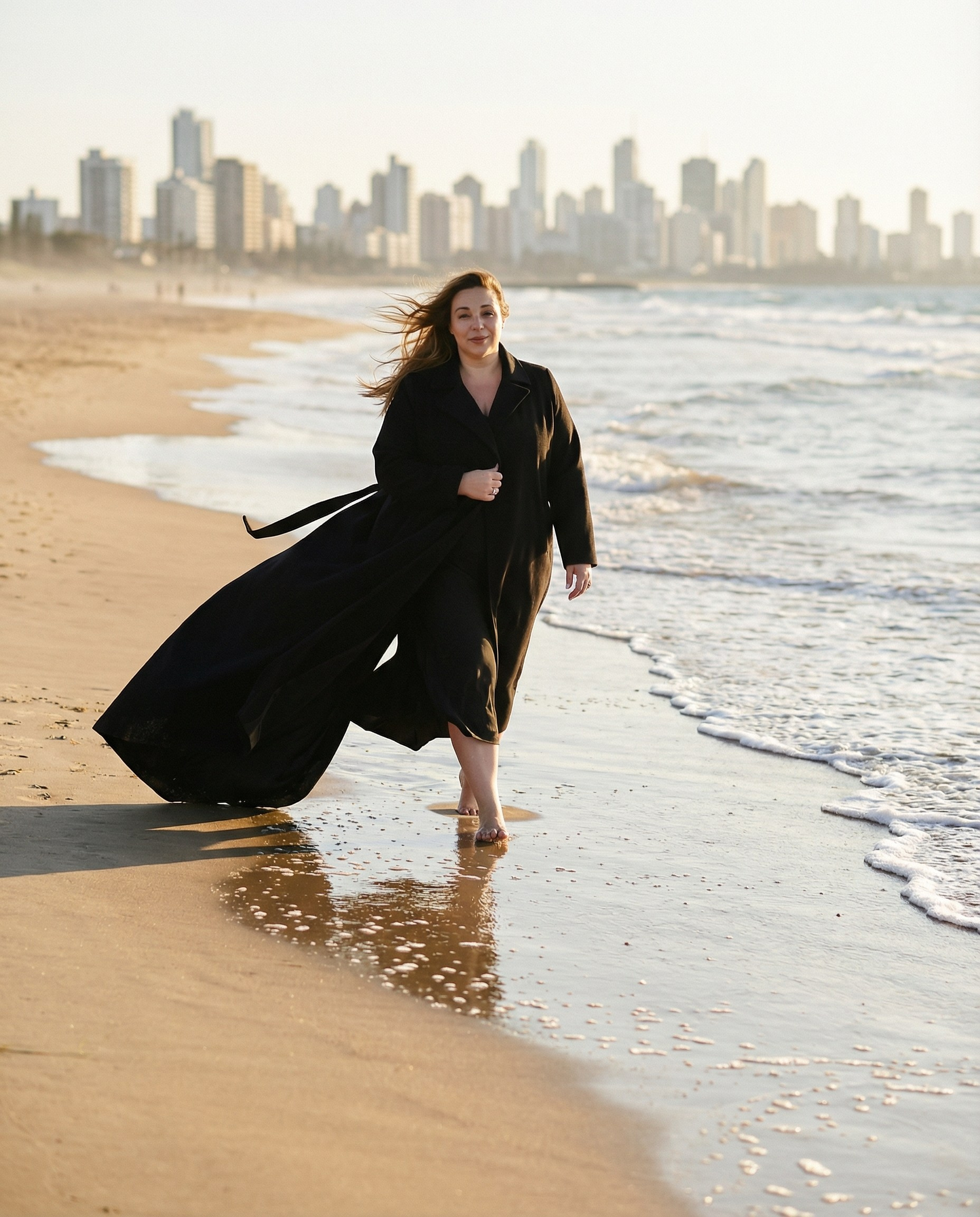 AI-изображение женщины-эксперта на пляже в динамичном образе — контент для личного бренда, соцсетей и рекламных материалов