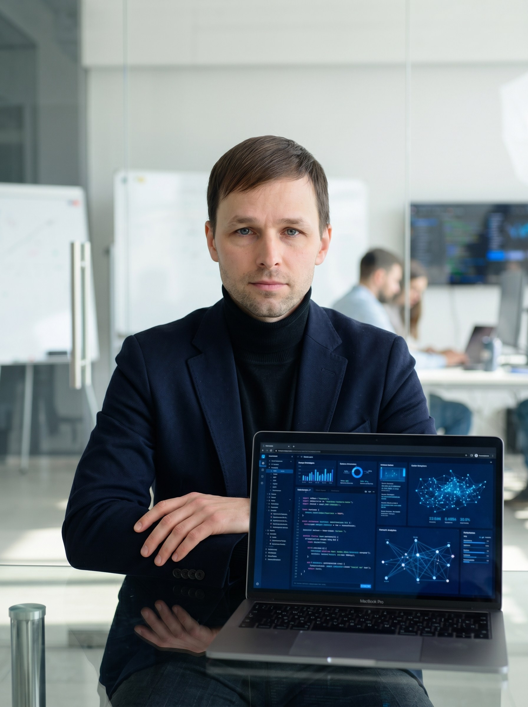 AI-портрет IT-директора в офисе с ноутбуком и аналитикой