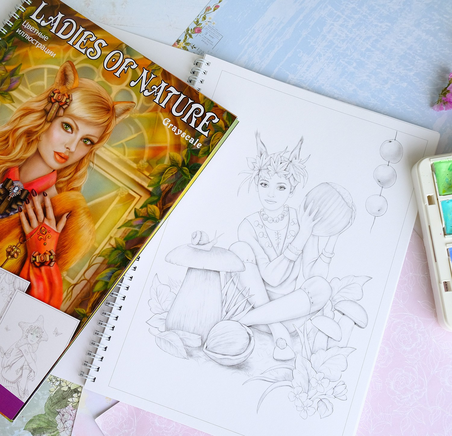 Альбом — раскраска авторская. Ladies of Nature. Grayscale. Раскраски Алёны Лазаревой