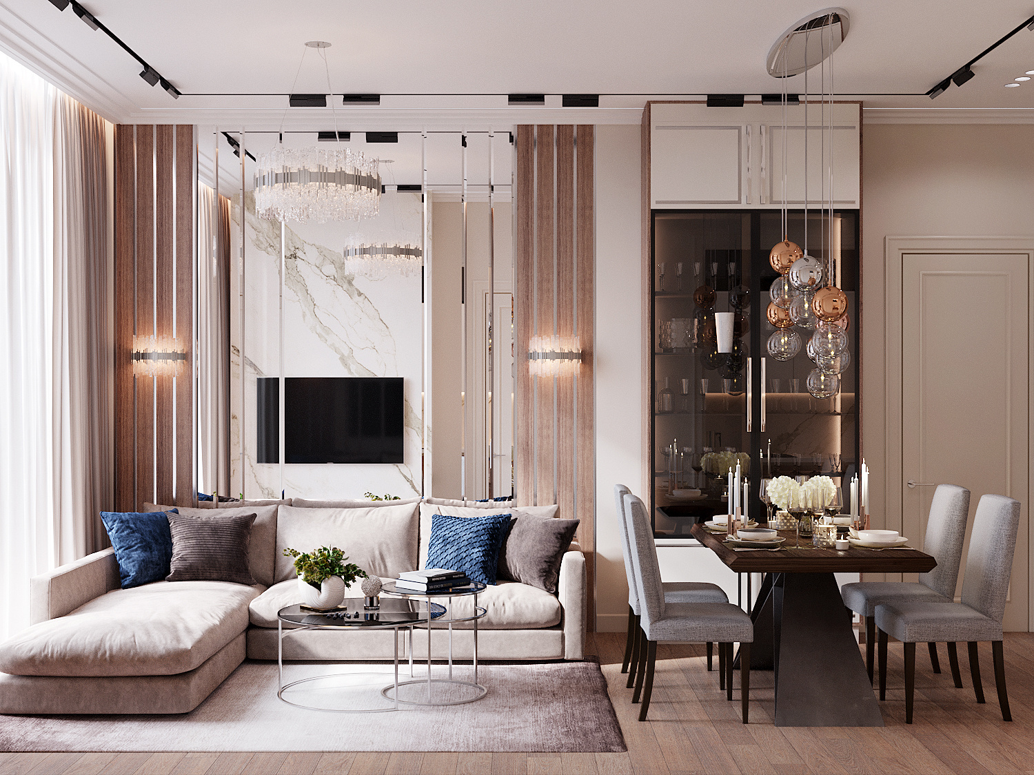 Зеркальное панно в интерьере гостиной