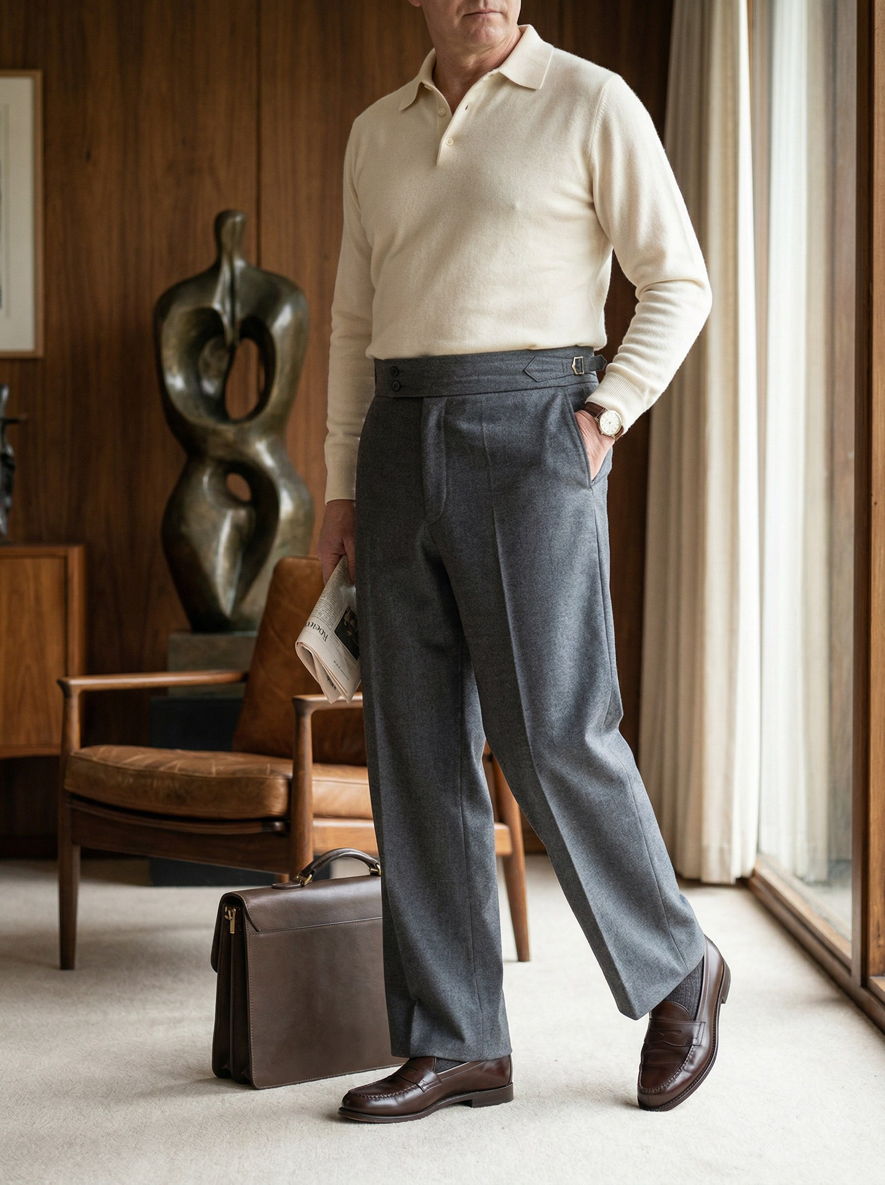 Генерация фото в интерьере для серых шерстяных брюк